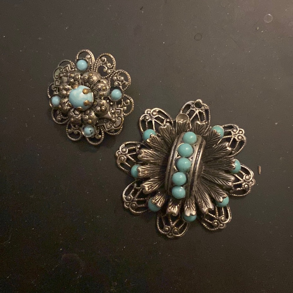 Silver toned and Turquoise brooches
